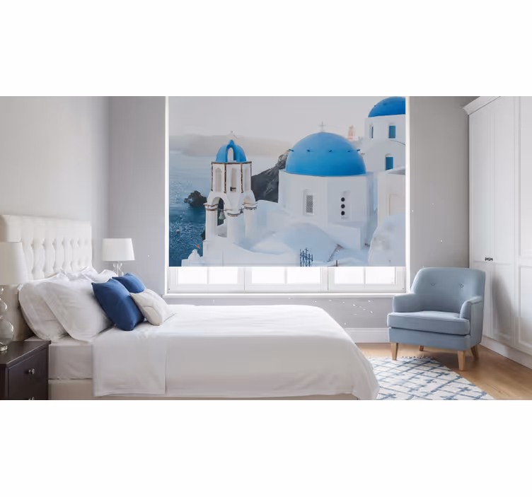 Zavjese za spavaću sobu santorini bijele i plave kuće - TenStickers