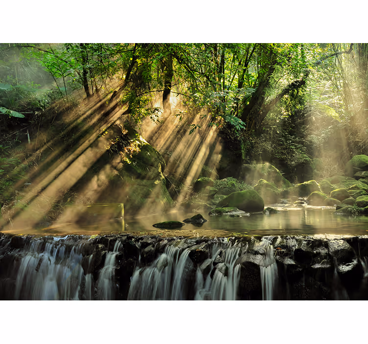 Foto tapete šumski suncem obasjan šumski vodopad - TenStickers