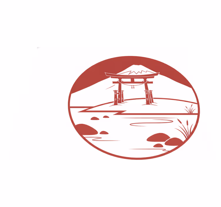 Vinil podovi crvena japanska struktura s jezerom i planinama - TenStickers