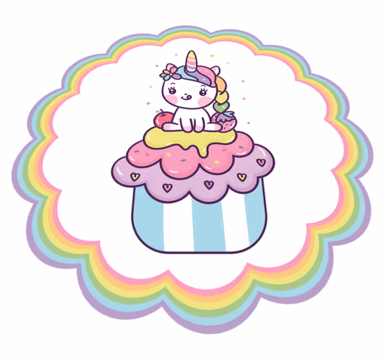 Jednorog smješten na velikom cupcakeu nasmiješeni vinil prostirka - TenStickers