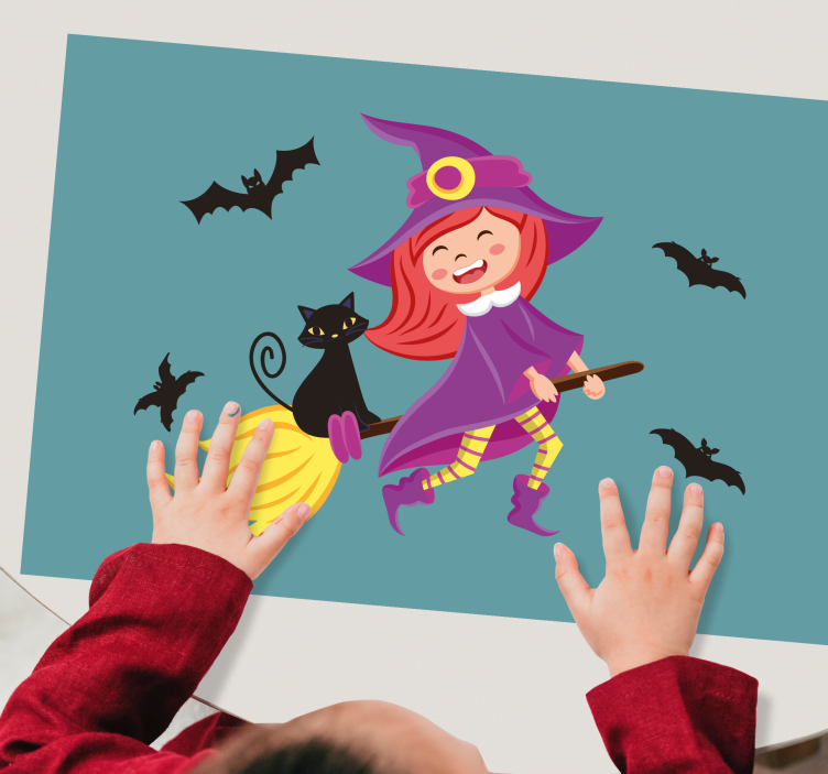 Vještica leti s crnim mačjim posteljinama za noć vještica - TenStickers