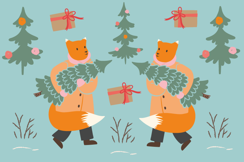 Dvije lisice koje nose grane božićni podmetači - TenStickers