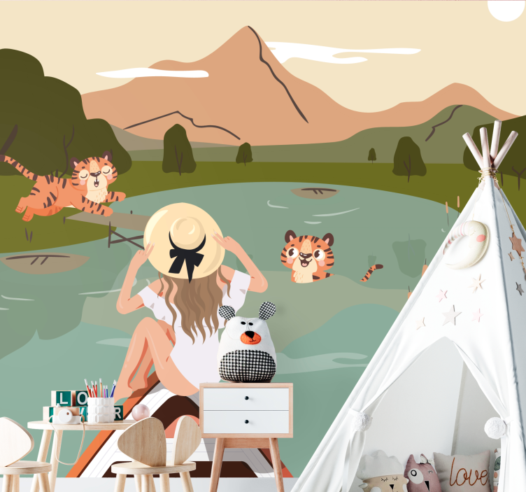 Djevojka i tigrovi životinje iz džungle dječje zidne murale - TenStickers