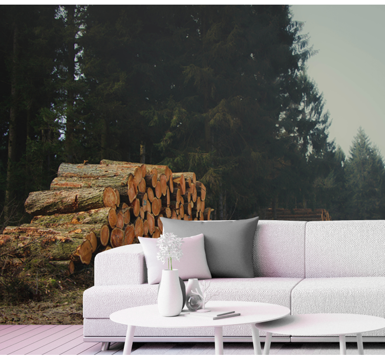 Foto tapete šumski hrpe drva u šumi - TenStickers