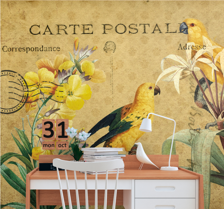 Ostale zidne freske vintage papige i flora - TenStickers