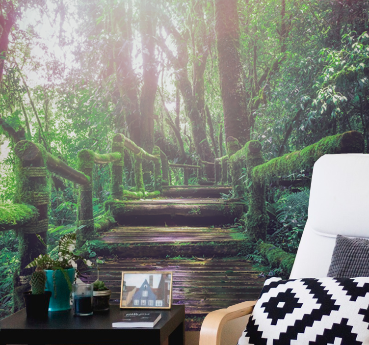 Prekrasne stepenice od zelene mahovine šumski zidni mural - TenStickers