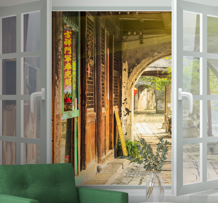 Prozor sa zidnim pogledom na stari grad - TenStickers