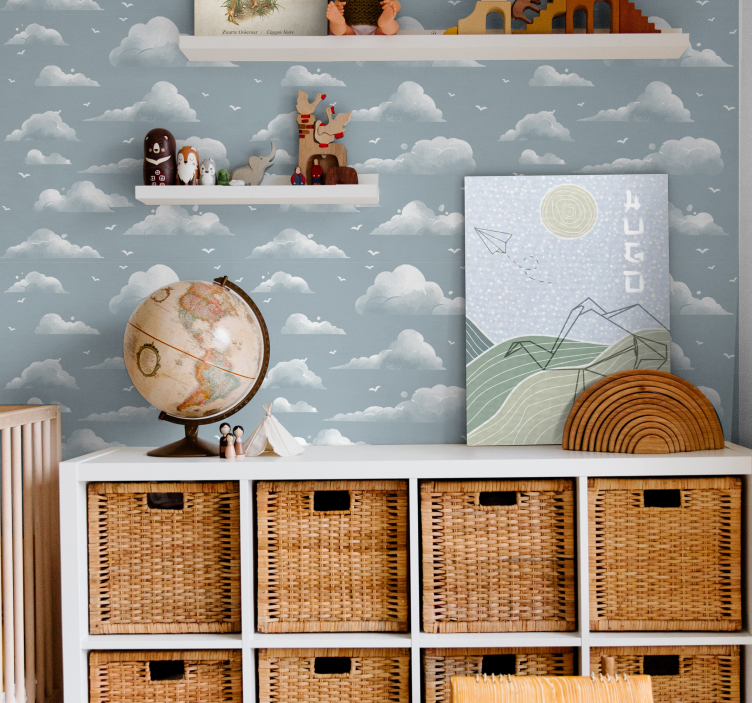 Slika na platnu dječja spavaća soba plavi oblaci i ptice - TenStickers