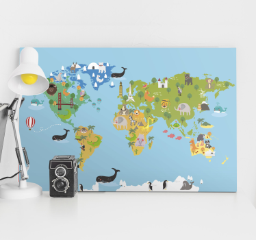 Crtić životinje mapa svijeta umjetničko platno - TenStickers