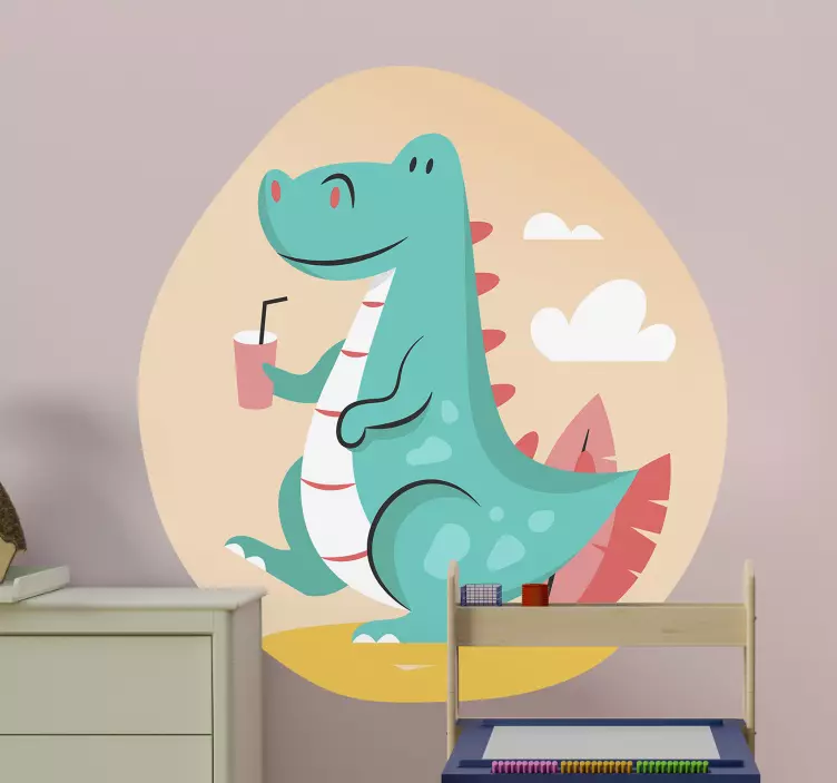 Naljepnica za djecu veseli dinosaur uživa u piću - TenStickers