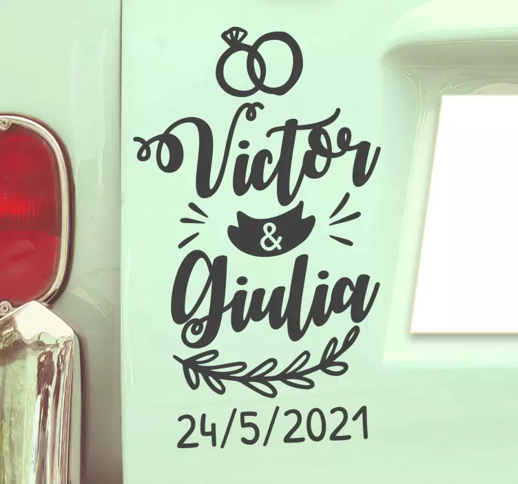 Naljepnica automobila za vjenčane ukrase, ime i datum - TenStickers