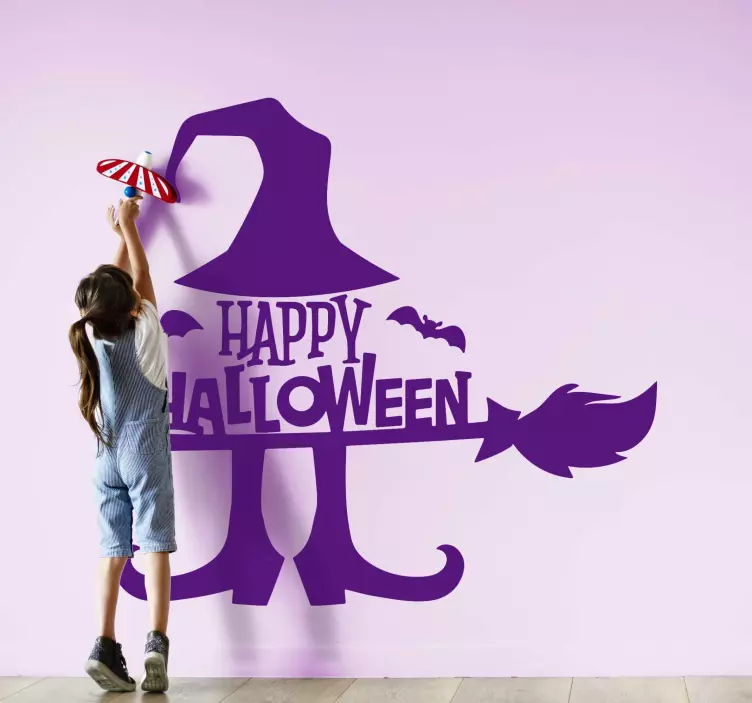 Vještica leti na naljepnici halloween na metli - TenStickers