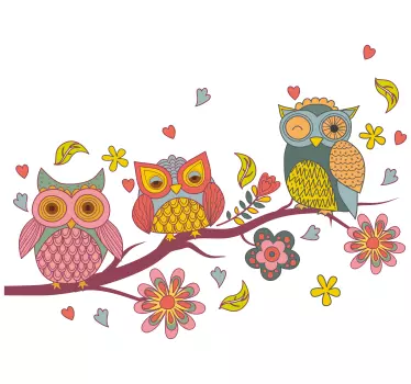 Drvo s vrtloženim granama i ilustracijama sova zidna umjetnost - TenStickers