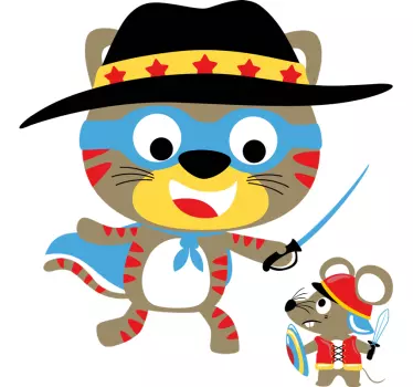 Igranje ilustracije mačke i miša na zidnoj umjetničkoj naljepnici - TenStickers