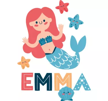 Naljepnica na zidu šarene sirene s imenom dječja spavaća soba - TenStickers