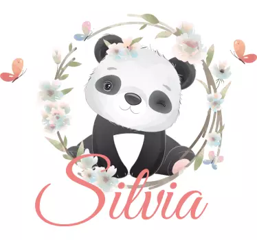 Naljepnica za djecu panda s cvijećem i imenom - TenStickers