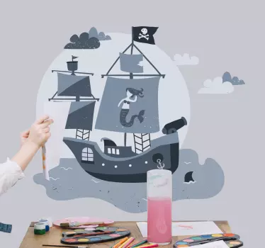 Gusarski brod koji plovi do mjeseca ilustracija zidna umjetnost - TenStickers