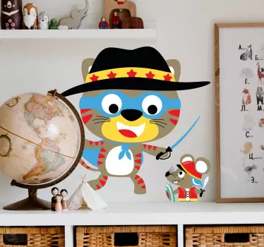 Igranje ilustracije mačke i miša na zidnoj umjetničkoj naljepnici - TenStickers