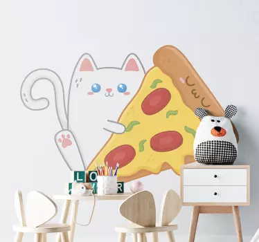 Mačka kawaii s ilustracijom pizze zidna umjetnost - TenStickers