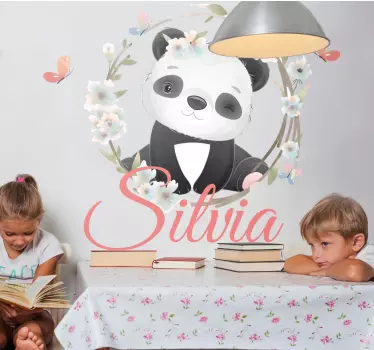 Naljepnica za djecu panda s cvijećem i imenom - TenStickers