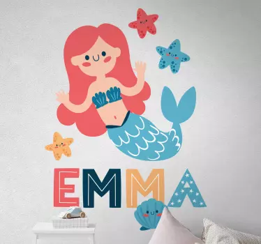 Naljepnica na zidu šarene sirene s imenom dječja spavaća soba - TenStickers