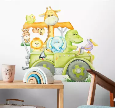 Naljepnice za zid dječje sobe Životinje džungle u džipu - TenStickers