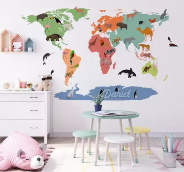 Obrazovni Naljepnice šarena karta svijeta sa životinjama - TenStickers