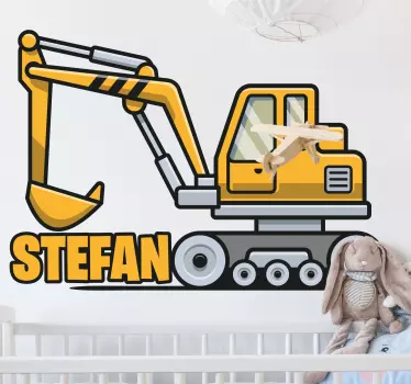 žuti crtani bager s imenom ilustracija zidna umjetnost - TenStickers