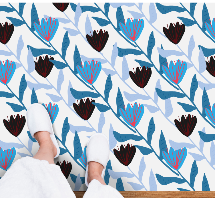 Plavi i crni ilustrirani tulipani cvjetni tepih - TenStickers