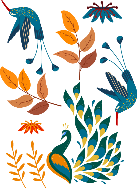 Vinil podovi životinja u stilu tengango s pticama i biljkama - TenStickers