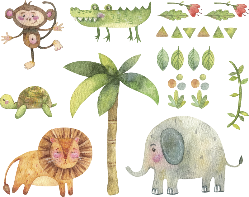 Vinil podovi djeca s vodcolornim životinjama u džungli - TenStickers