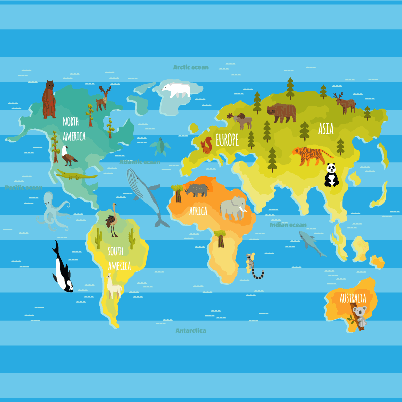 Tipične životinje na kontinentima karta svijeta prostirač - TenStickers
