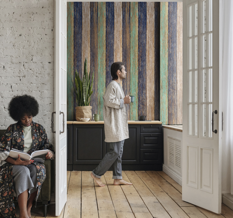 Plava i smeđa tapeta s efektom laminatnog drveta - TenStickers