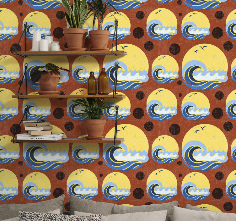 Pozadina geometrijskog oblika sunca, plaže i vala - TenStickers