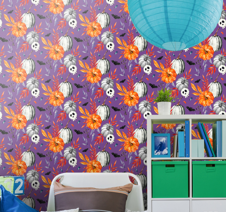 Tapete za zid Noć vještica narančaste cvjetne lubanje - TenStickers